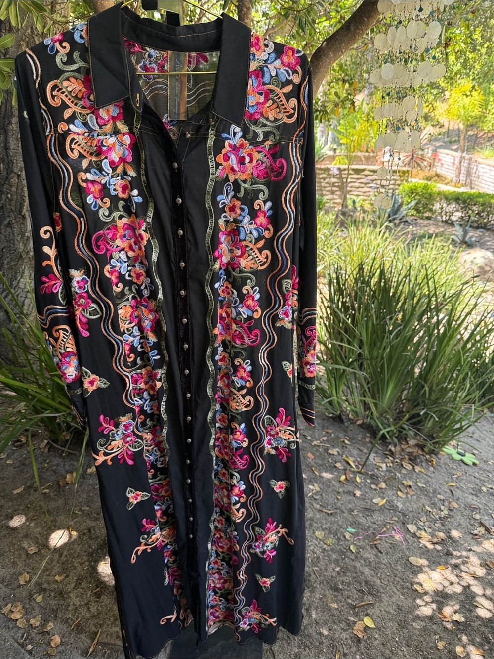 Aratta Black Embroidered Floral Long Shirt Dress with Pink & Orange Accents - Picture 1 of 3